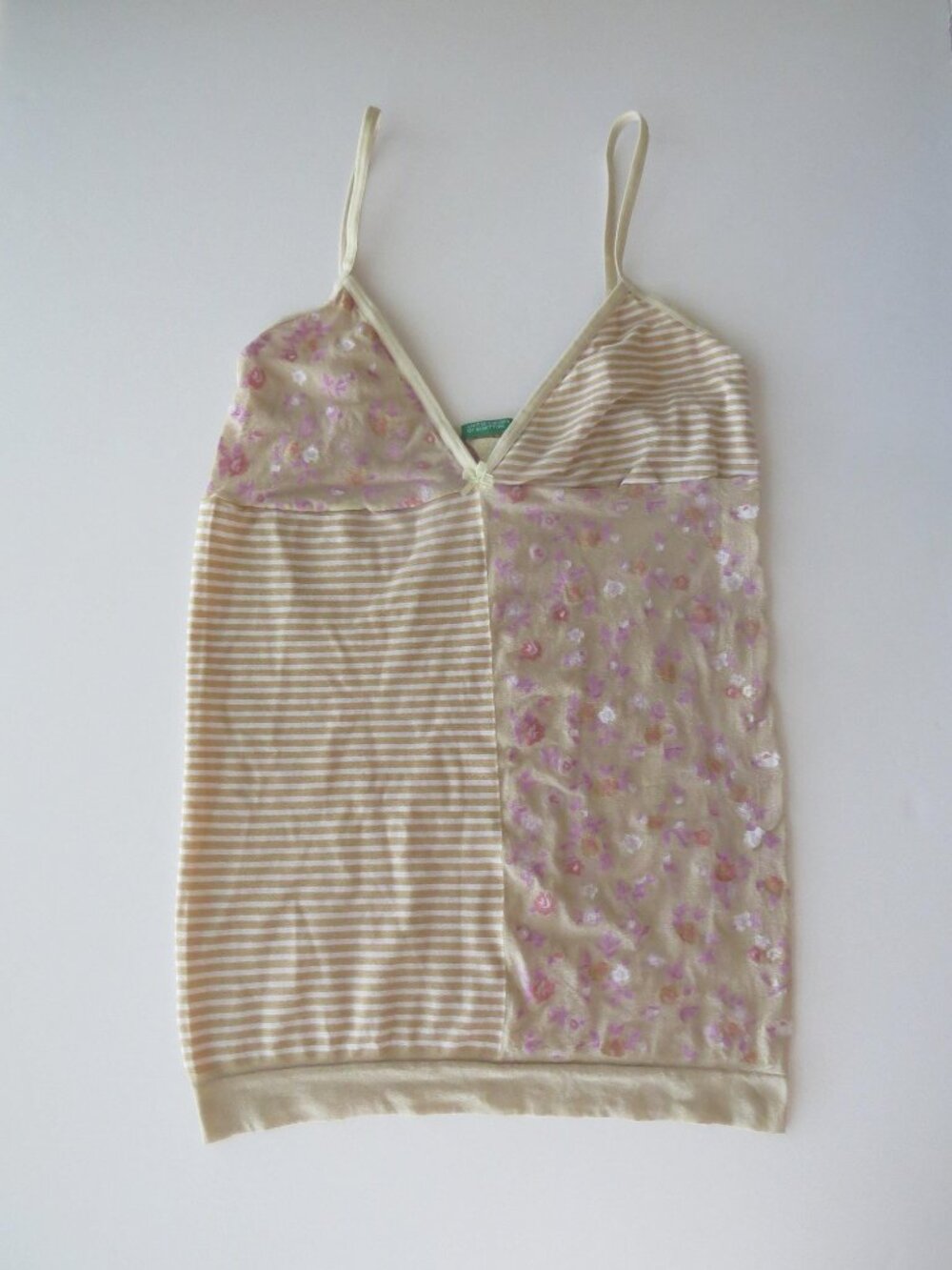 Vintage Italian Floral & Stripe Knit Camisole, Beige Pink Colorblock Top, Rose P